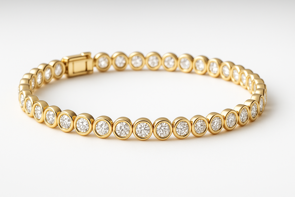 BEZEL SET DIAMOND TENNIS BRACELET IN YELLOW GOLD 
